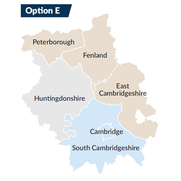 Cambridgeshire map showing east area including East Cambridgeshire Fenland and Peterborough. Huntingdonshire as a single unitary council with Cambridge City and South Cambridgeshire together in the south.