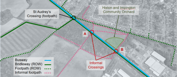 Map showing location of two crossing points on the busway