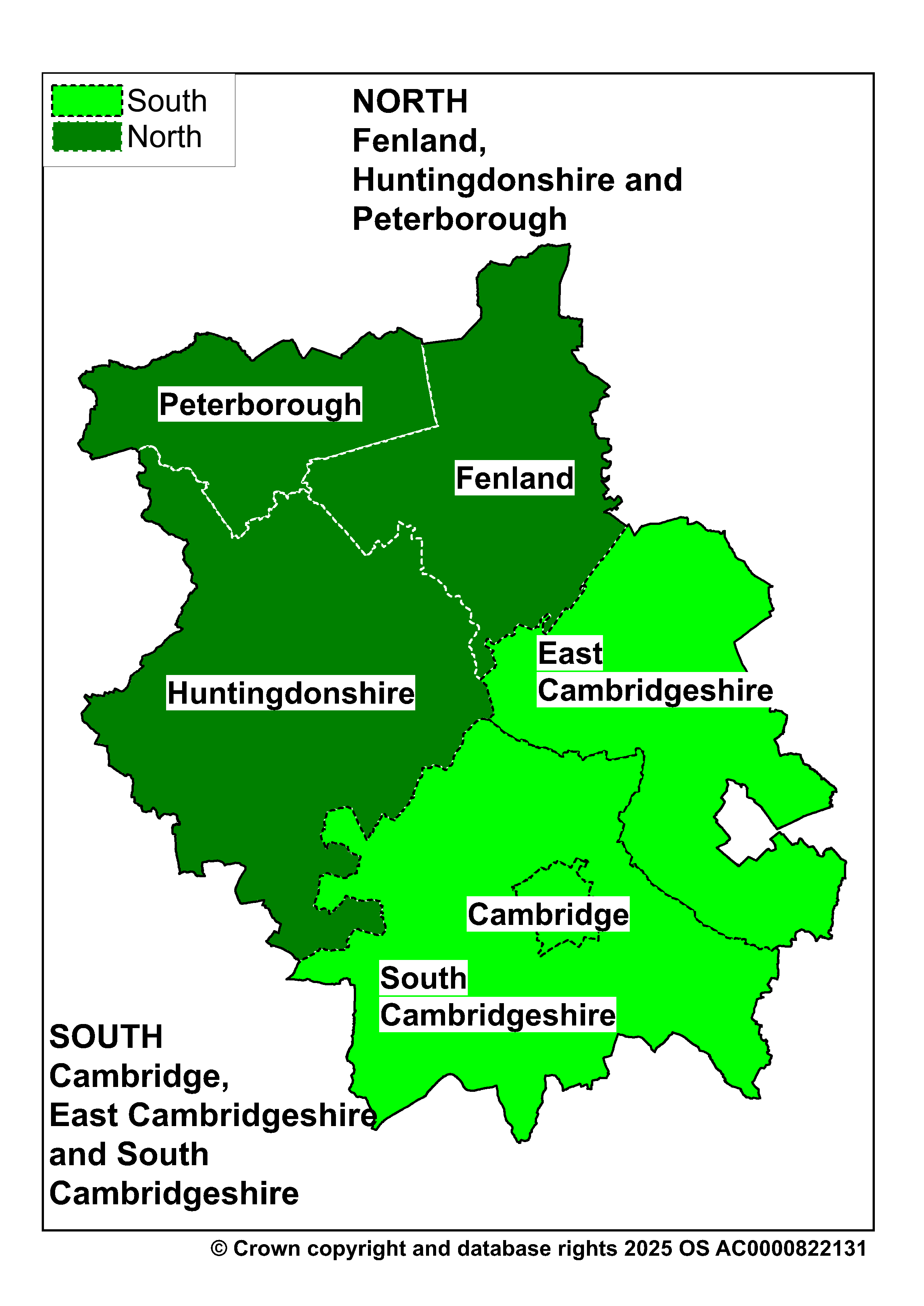 Cambridgeshire county map showing dividing line, North section includes Peterborough, Fenland and Huntingdonshire and South includes Cambridge City, East Cambridgeshire, and South Cambridgeshire)